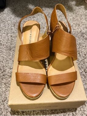 Lucky Brand Lowden Leather Espadrille Wedge Sandals Cafe Brown Size 9M
